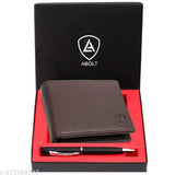 Brown genuine leather wallet and pen combo for men, RFID protected with 2 compartments, hand stitched and made from top grain leather, color may slightly vary due to natural variation in pure leather