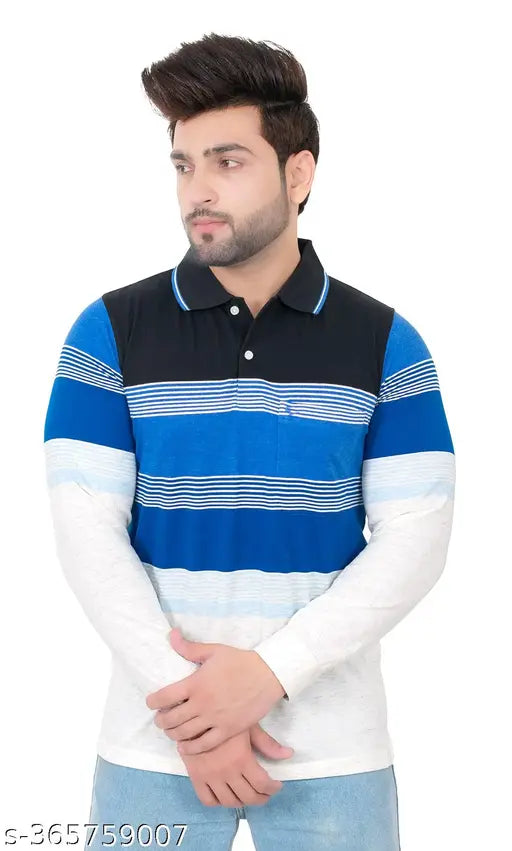 Breathable multicolor striped polo t-shirt for men, polycotton material, full sleeve, regular fit - EMBRO Casual Wear
