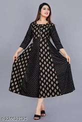 Black flared viscose rayon Anarkali Kurta with gold print, trendy women's clothing in Indian fashion