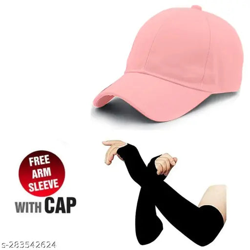 Solid cotton baseball cap (black) with pink bill & arm sleeves, adjustable design for men, women, girls - Phirsein brand, summer-ready accessory from India