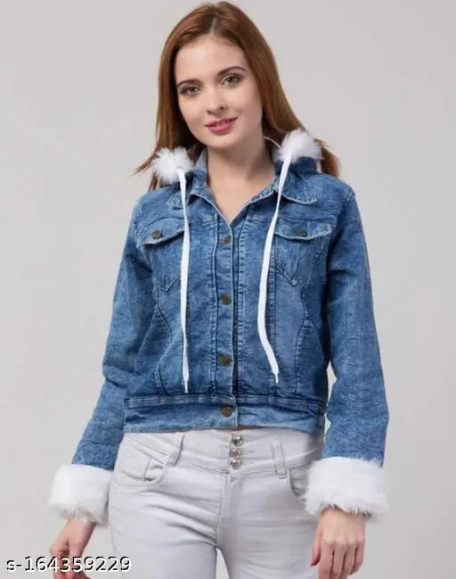 Denim cap fur jacket, women's solid design, long sleeves, XS (32in bust, 20in length), winter wear