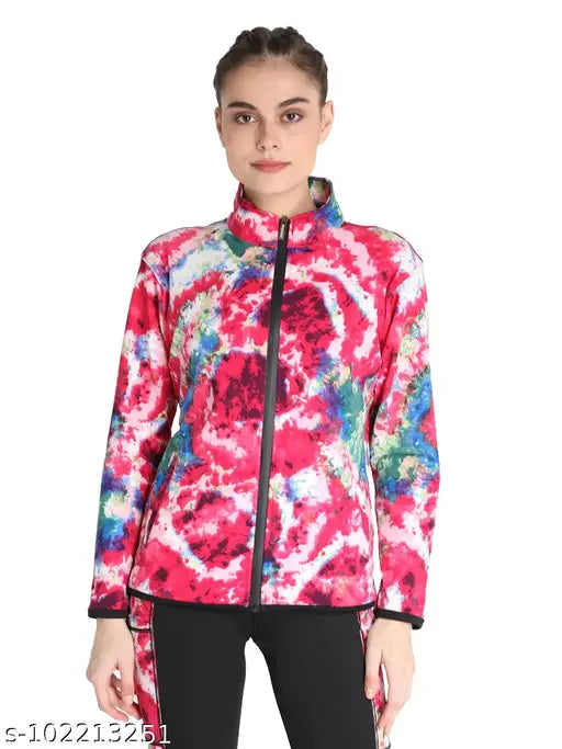 Solid pink polyester jacket with printed net pattern, long sleeves, and anti-microbial technology. Women's gym wear from Chkokko, India." (125 characters)