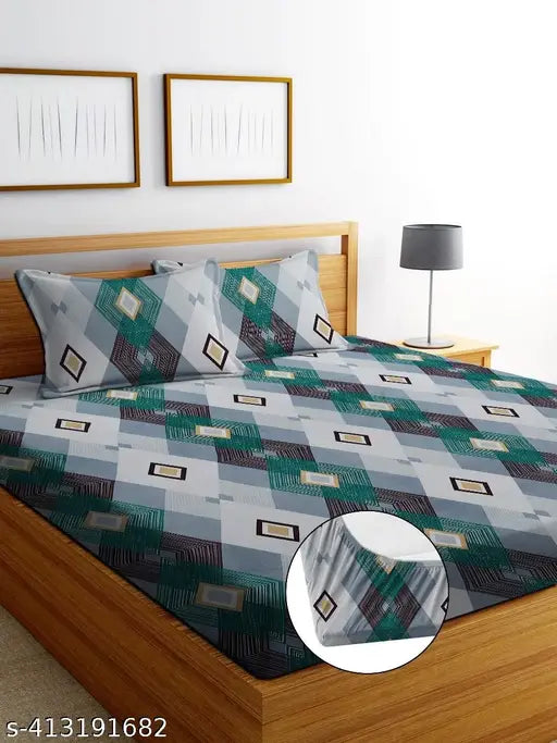 Glace cotton geometric double bedsheet with 2 large pillow covers by Shiv decore, fits up to 8-inch mattress, ideal for summer adult use