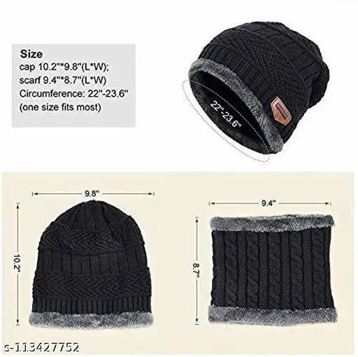 Black wool beanie cap with neck warmer & cotton glove set - Fancy Men's winter 3-in-1 accessory pack (India)