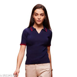 Navy blue cotton short sleeve solid polo t-shirt for women, elevate casual style
