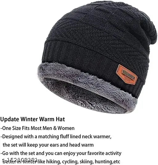 Woolen black beanie cap for men, warm winter woven style