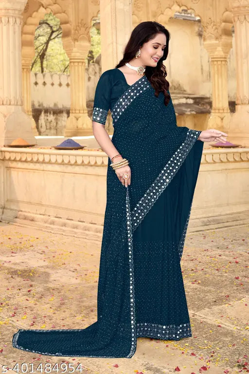 Golden Georgette QUEEN FIROJI Saree with Embellished Swarovski & Mirar border, separate Bangalori Silk blouse