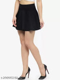 Polyester solid high waist flared skater mini skirt, stretchable elastic band, mid-waist fit for tall, thin women. Made in India