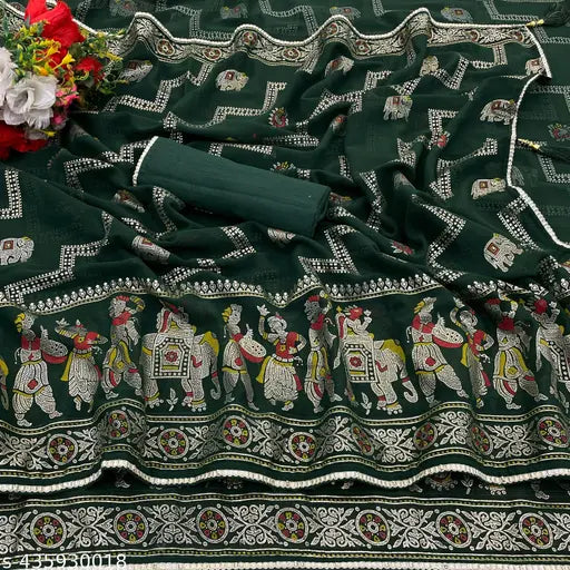 Dark green Georgette saree with Zari woven silver foil print, paired with Satin silk running blouse from India