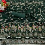 Dark green Georgette saree with Zari woven silver foil print, paired with Satin silk running blouse from India