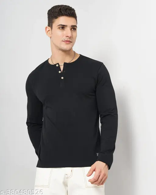 Indian-made men's pure cotton long sleeve Henley neck t-shirt, solid color for modern wardrobe