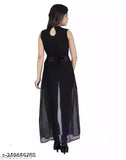 Black sleeveless straight-fit Georgette kurti for women, featuring slit front open design and solid print. Ideal for casual or office wear. Made with high-quality crepe fabric in India