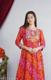 Red & Orange rayon embroidered Anarkali kurti for women, perfect for parties and ethnic occasions, made in India on a mannequin with three-quarter sleeves