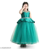 Green net full-length party dress for kids, vibrant teal blue design, comfortable and perfect for special occasions