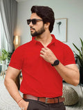 Red polo dot knit cotton blend t-shirt with stylish collar for men and women, solid net pattern on short sleeves