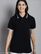 Solid polyester women's short-sleeved polo t-shirt, available in multiple sizes from M to XXXL. Made in India