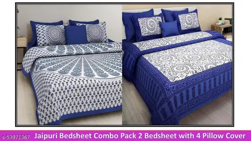 Jaipuri cotton double bed sheets combo pack, 160 thread count, 4 pillow covers, ideal for adults
