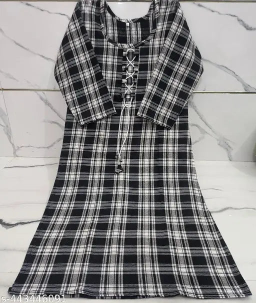 Stylish black woolen check kurti, three-quarter sleeves, India-made fashion wear