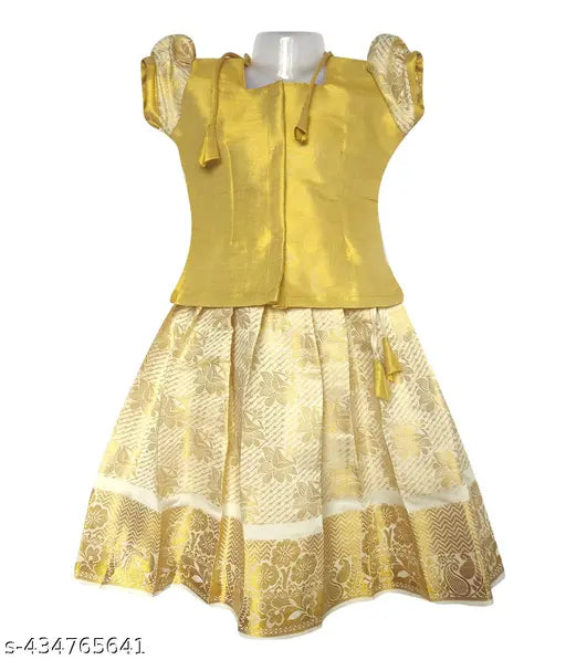 PKD Girls Fashion Ethnic Jacquard Pattu Pavaadai - Indian cotton lehenga with Aari work in solid and short sleeves, available in various sizes from 0-6 months to 13-14 years