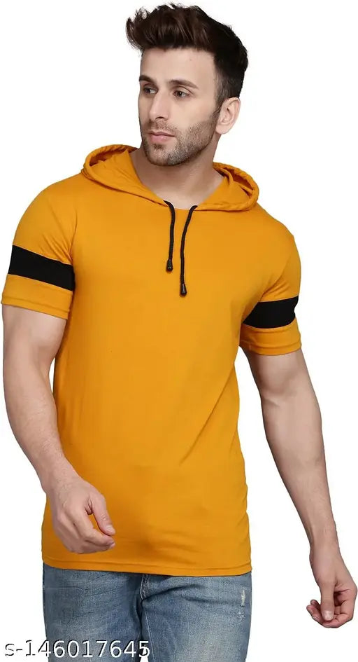 Mustard cotton blend men's half sleeve hooded neck t-shirt with trendy style and bio-dye finish
