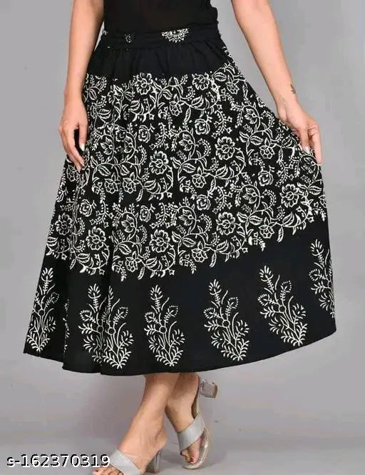 Black cotton Jaipuri print wrap-around skirt for women, free size with traditional ethnic design on printed net fabric from India
