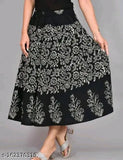 Black cotton Jaipuri print wrap-around skirt for women, free size with traditional ethnic design on printed net fabric from India