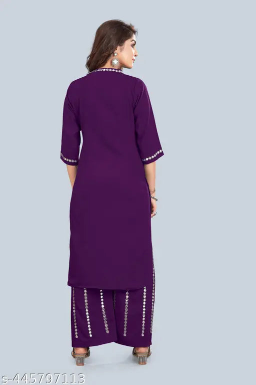 Women's viscose rayon regular fit mirror work kurti plazzo set, three-quarter sleeves, solid pattern, India origin