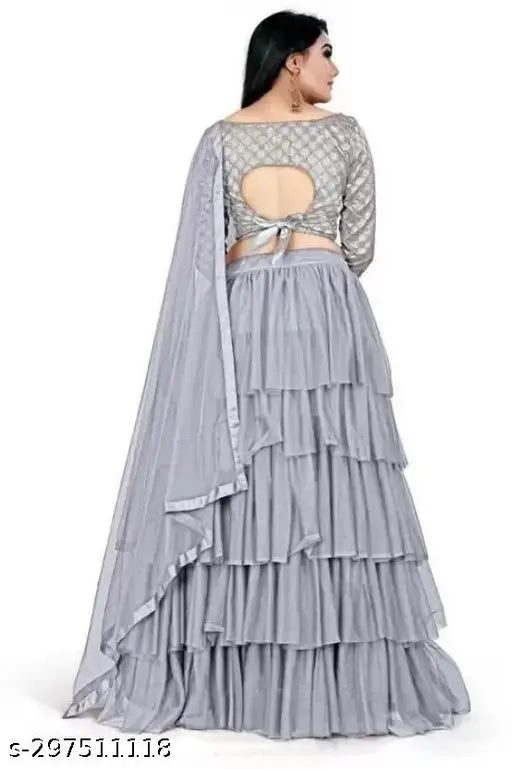 Fancy ruffle design net semi-stitched silk blend lehenga with heavy embroidery work blouse & matching net dupatta featuring kalamkari print, India origin