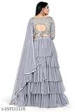 Fancy ruffle design net semi-stitched silk blend lehenga with heavy embroidery work blouse & matching net dupatta featuring kalamkari print, India origin