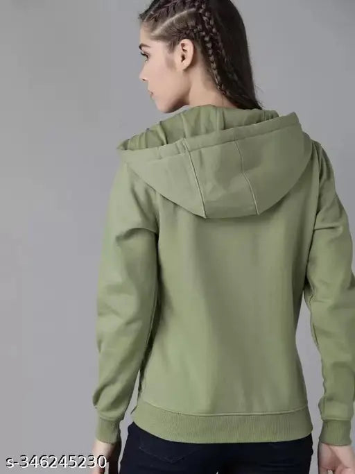 Solid fleece women's hooded sweatshirt, snug fit for S-XL, ideal for casual wear with jeans, made in India