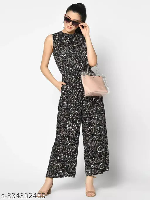 Black printed trending bestseller jumpsuit for women, soft and breathable blend, wide-leg silhouette with self-tie belt, all-over pattern