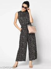 Black printed trending bestseller jumpsuit for women, soft and breathable blend, wide-leg silhouette with self-tie belt, all-over pattern