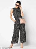 Black printed trending bestseller jumpsuit for women, soft and breathable blend, wide-leg silhouette with self-tie belt, all-over pattern