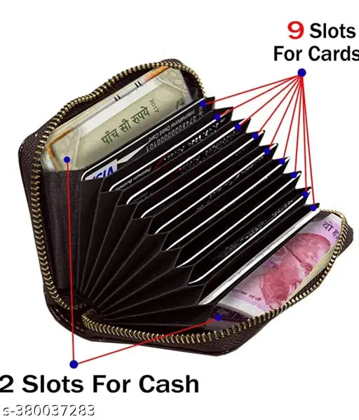 Dark brown PU leather wallet, 9 slot credit card holder with zipper and coin purse for men & women. Solid pattern, free size (11cm x 8cm)