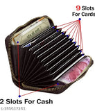 Dark brown PU leather wallet, 9 slot credit card holder with zipper and coin purse for men & women. Solid pattern, free size (11cm x 8cm)