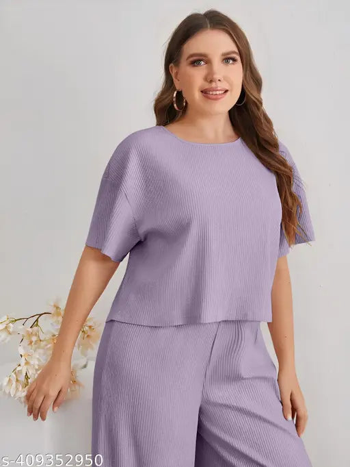 Multicolor polyester ribbed women's co-ord set: short sleeve crop top & capri pants for nightwear, sleepwear, or casual loungewear