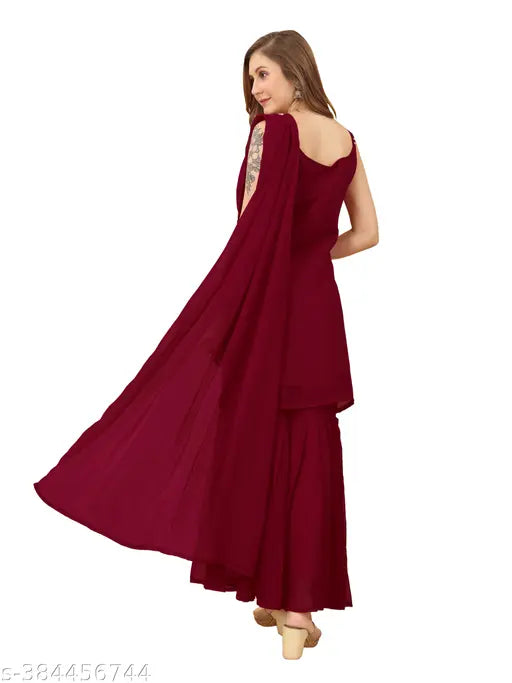 Georgette straight kurta sharara set, embroidered dupatta duo with three-quarter sleeves, pack of 3 sizes XS, S, M from India