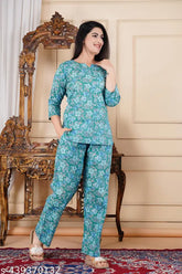 Pure cotton printed daily wear nightsuit, vibrant pattern, three-quarter sleeves, good stitched quality, women's nightwear from Radhika Fashion, India
