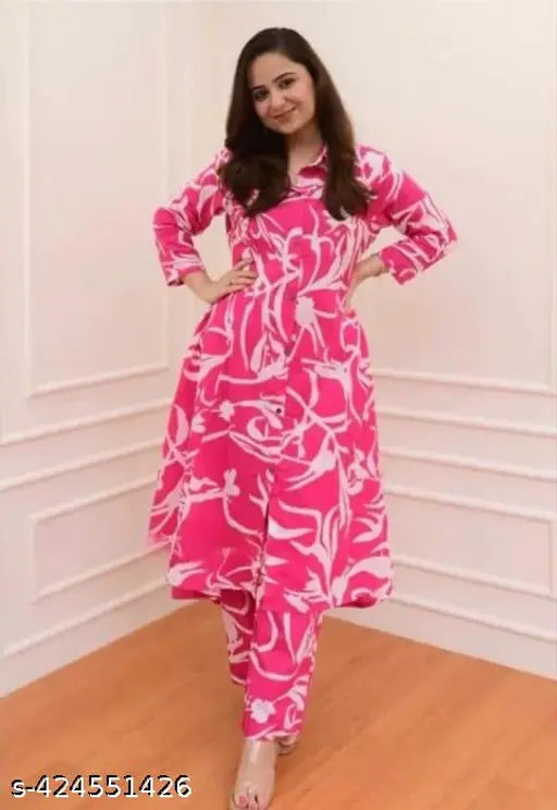 Pink Rayon Kurta Pant Set, printed net A-line kurta with straight relaxed pants for women's summer wear and loungewear