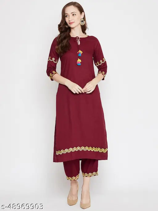 WineRed Embroidered Rayon Kurta and Palazzo Set, Indian hand-embroidered maroon woman's outfit with three-quarter sleeves