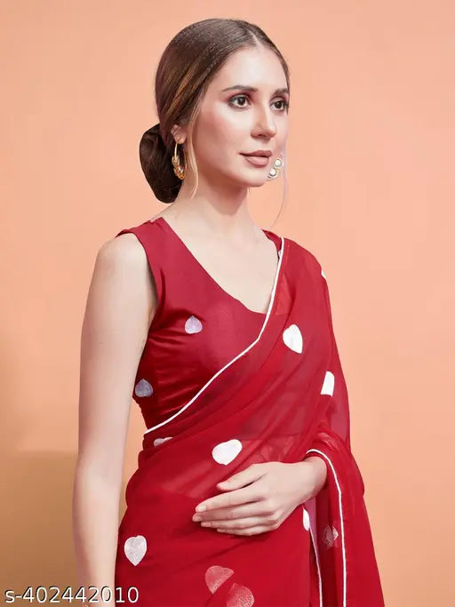 Red heart Georgette saree with embroidered thread work, Durga Pooja special, India-origin