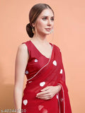Red heart Georgette saree with embroidered thread work, Durga Pooja special, India-origin