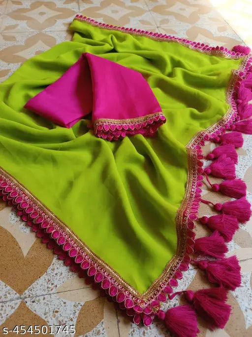 Pure Georgette fabric parrot color saree with embroidered pattern, India-made traditional attire on display