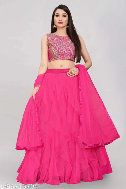 Indian net embroidered semi-stitched art silk Lehenga Choli and dupatta set, featuring ruffled dupatta and solid-colored dupatta with tussles
