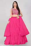 Indian net embroidered semi-stitched art silk Lehenga Choli and dupatta set, featuring ruffled dupatta and solid-colored dupatta with tussles