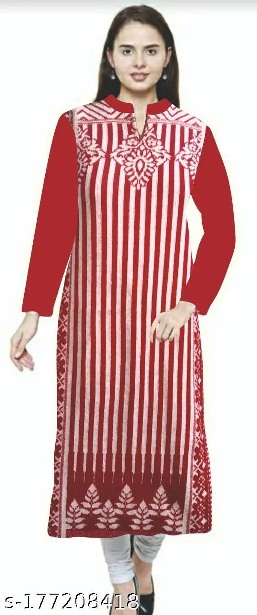 Red woolen computer jacquard designed Kurti with colorblocked pattern, long sleeves for women, XL size