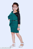 Green polyester midi dress for girls (4-5 to 12 years), self-design net pattern with shoulder frill and sequin sleeves, lining, zipper, belt, and flower detail - India origin