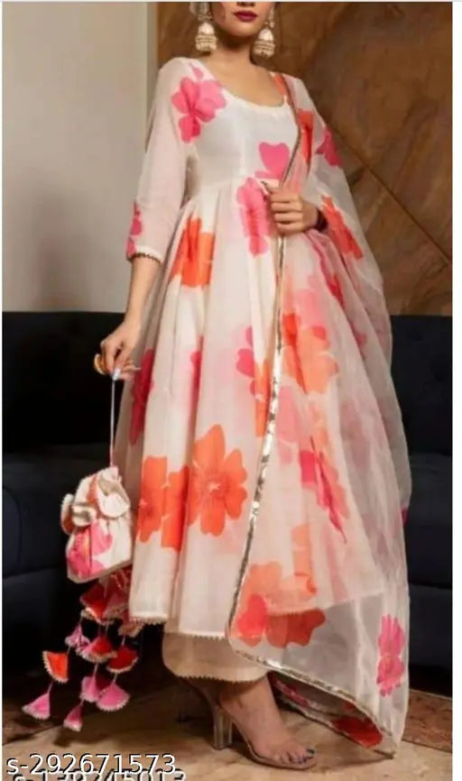 Georgette floral printed anarkali kurti pajama set with dupatta, women's three-quarter sleeve georgette garment perfect for all seasons, India origin