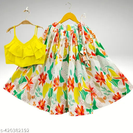 Girls Floral Print Crepe Rayon Lehenga Choli for Ethnic Party & Weddings