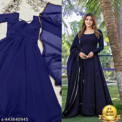 Georgette festival dress with dupatta, long-sleeved solid pattern, Indian handcrafted apparel on mannequin